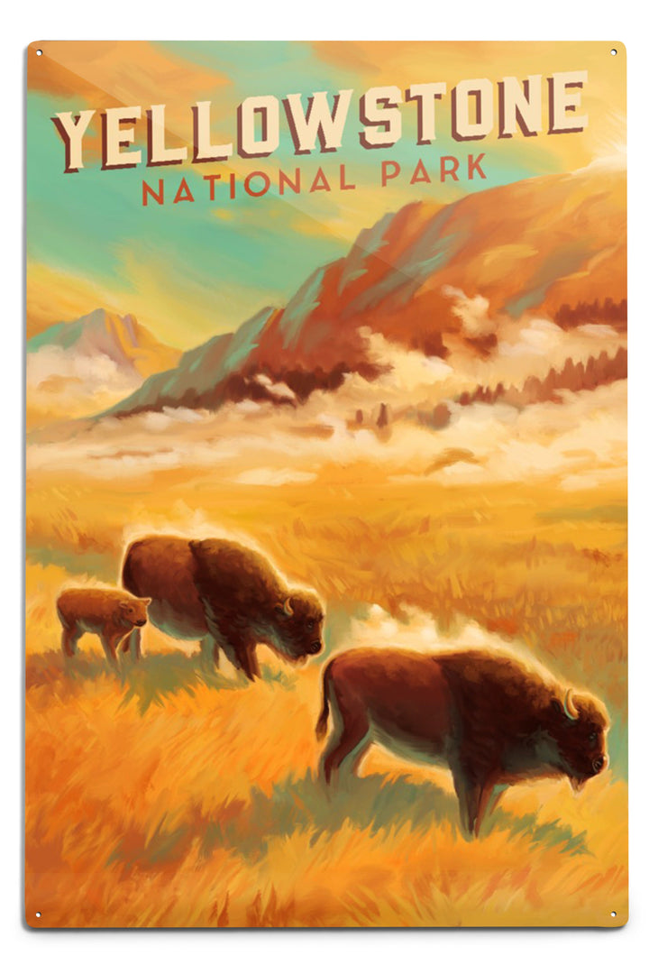 Yellowstone National Park, Bison Family, Oil Painting, Metal Signs Metal Lantern Press 12x18 Metal Sign