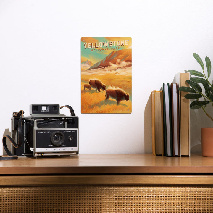 Yellowstone National Park, Bison Family, Oil Painting, Metal Signs Metal Lantern Press