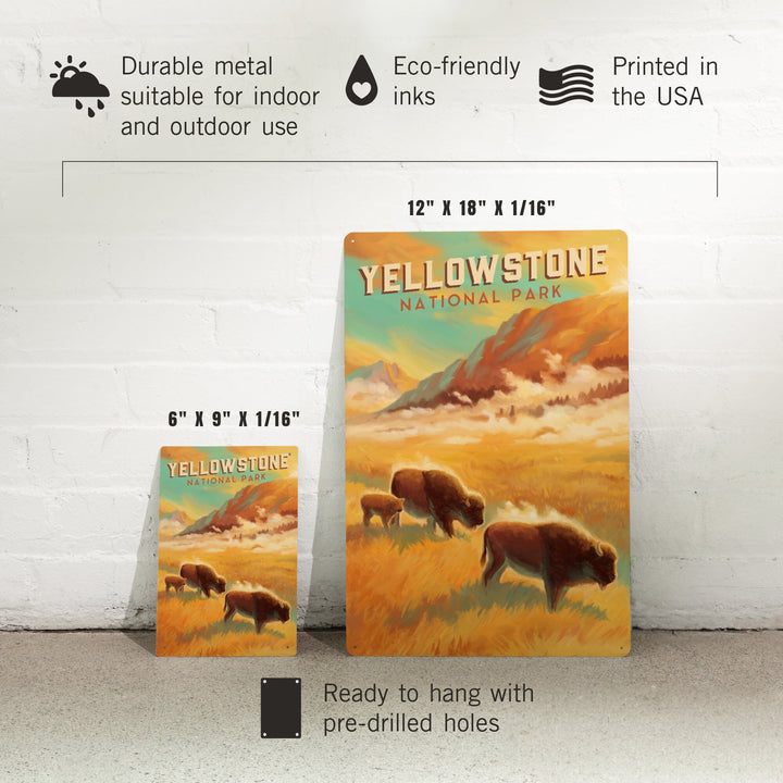Yellowstone National Park, Bison Family, Oil Painting, Metal Signs Metal Lantern Press
