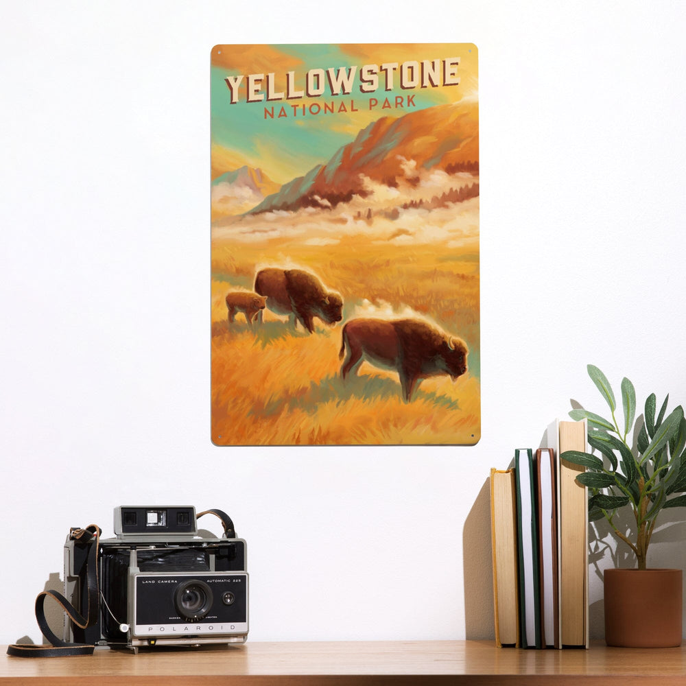Yellowstone National Park, Bison Family, Oil Painting, Metal Signs Metal Lantern Press