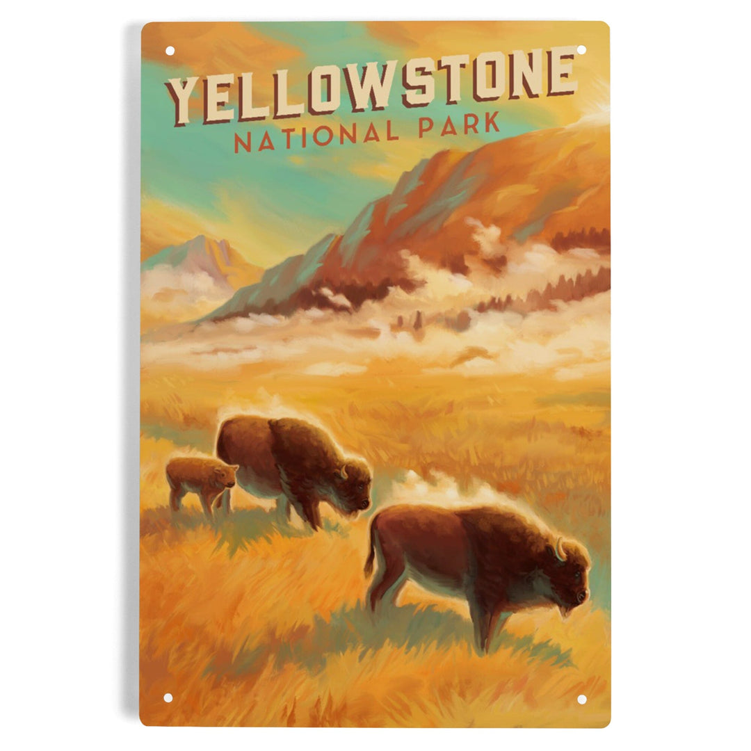 Yellowstone National Park, Bison Family, Oil Painting, Metal Signs Metal Lantern Press