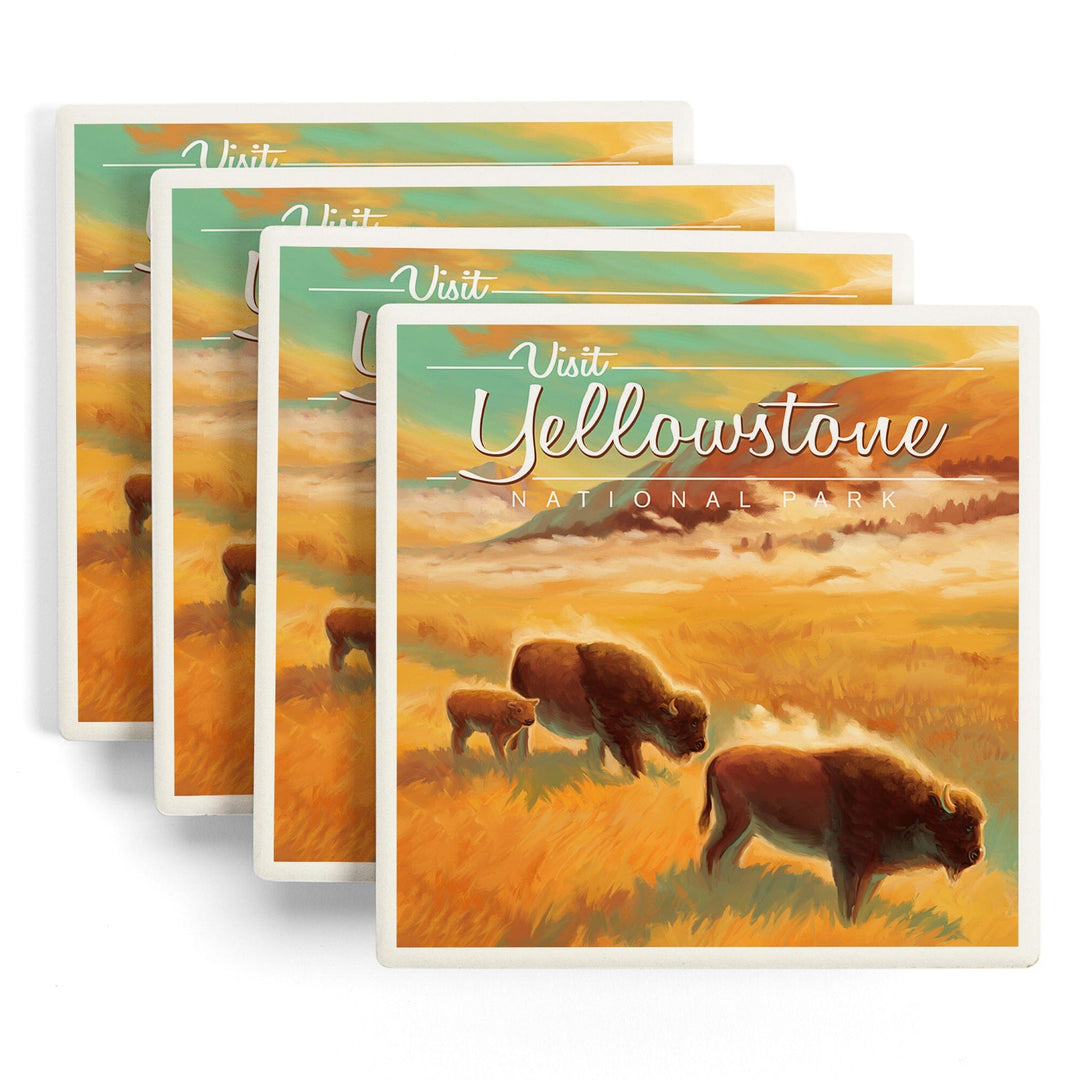 Yellowstone National Park, Bison, Oil Painting, Coasters Coasters Lantern Press