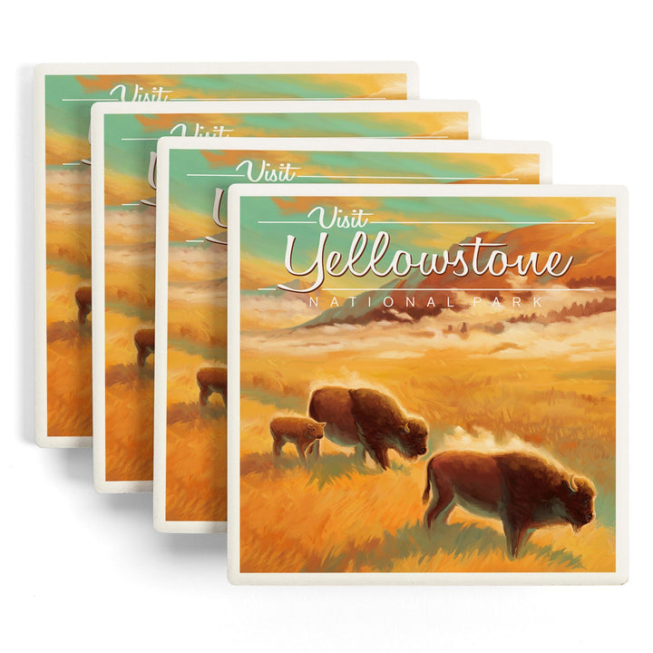 Yellowstone National Park, Bison, Oil Painting, Coasters Coasters Lantern Press