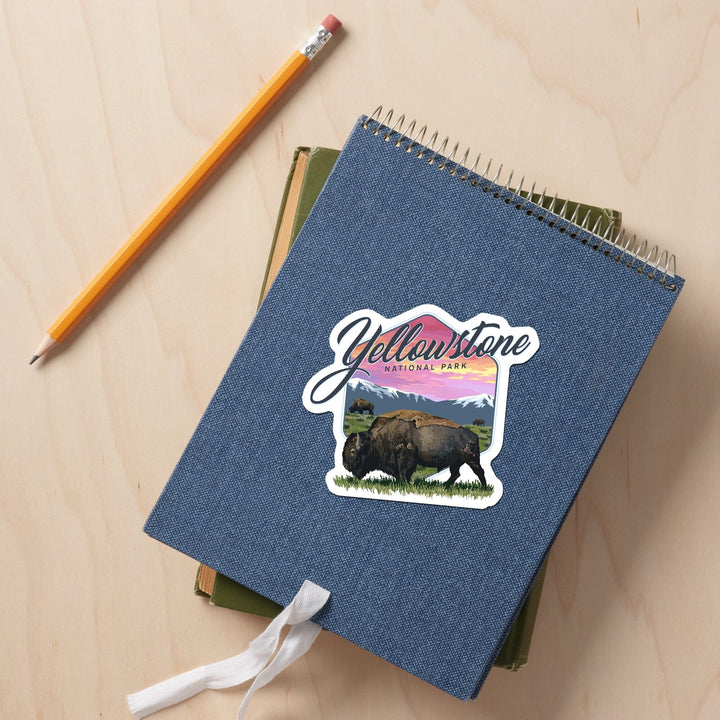 Yellowstone National Park, Bison & Sunset, Contour, Lantern Press Artwork, Vinyl Sticker Sticker Lantern Press