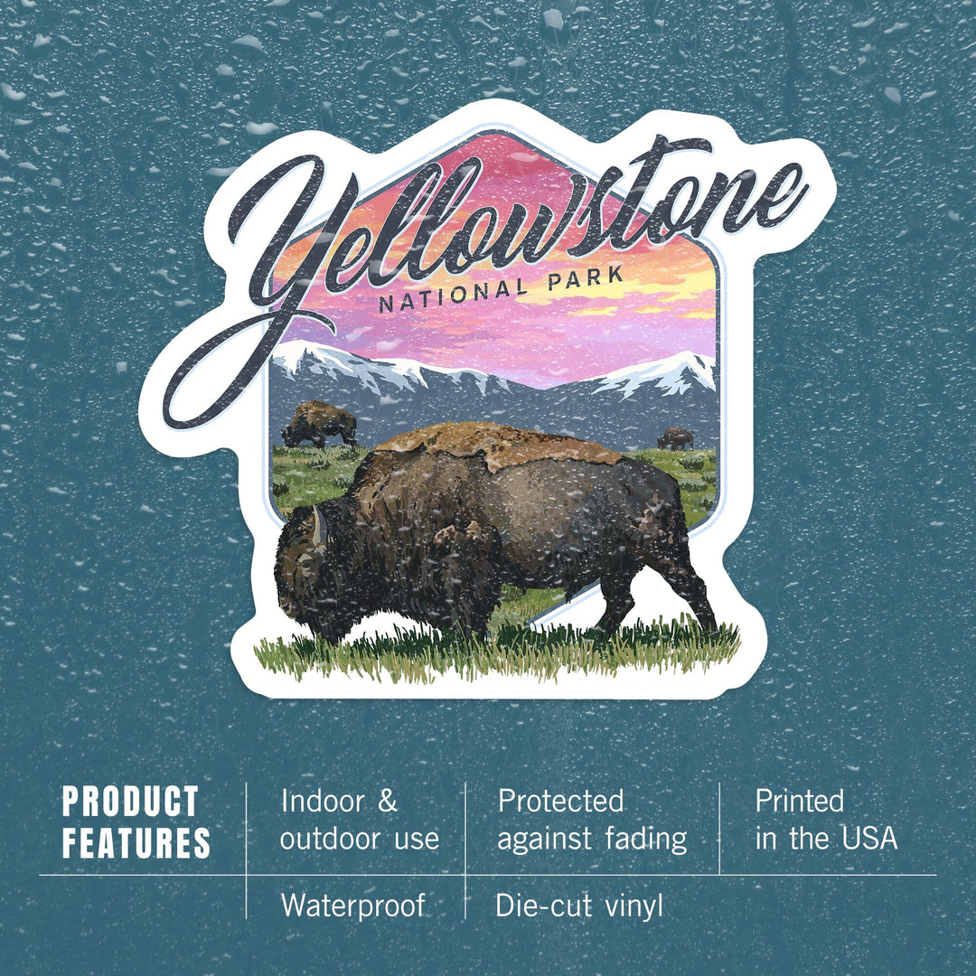 Yellowstone National Park, Bison & Sunset, Contour, Lantern Press Artwork, Vinyl Sticker Sticker Lantern Press
