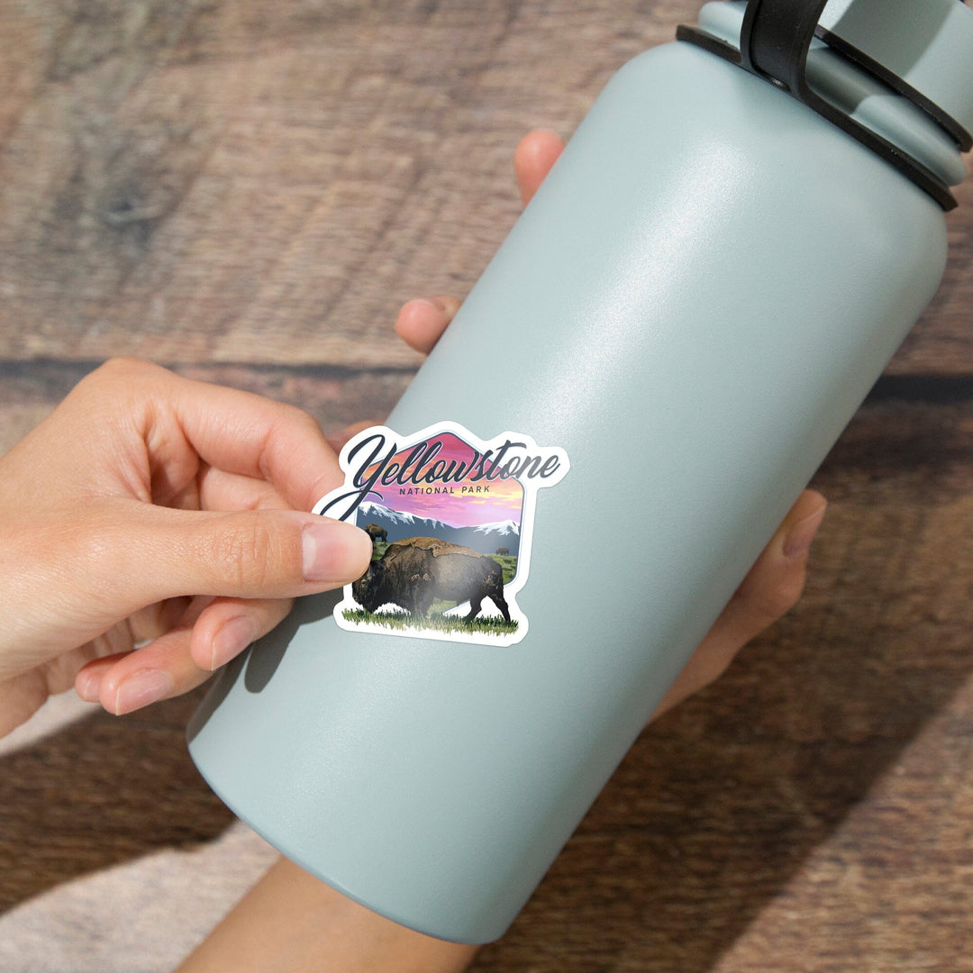 Yellowstone National Park, Bison & Sunset, Contour, Lantern Press Artwork, Vinyl Sticker Sticker Lantern Press