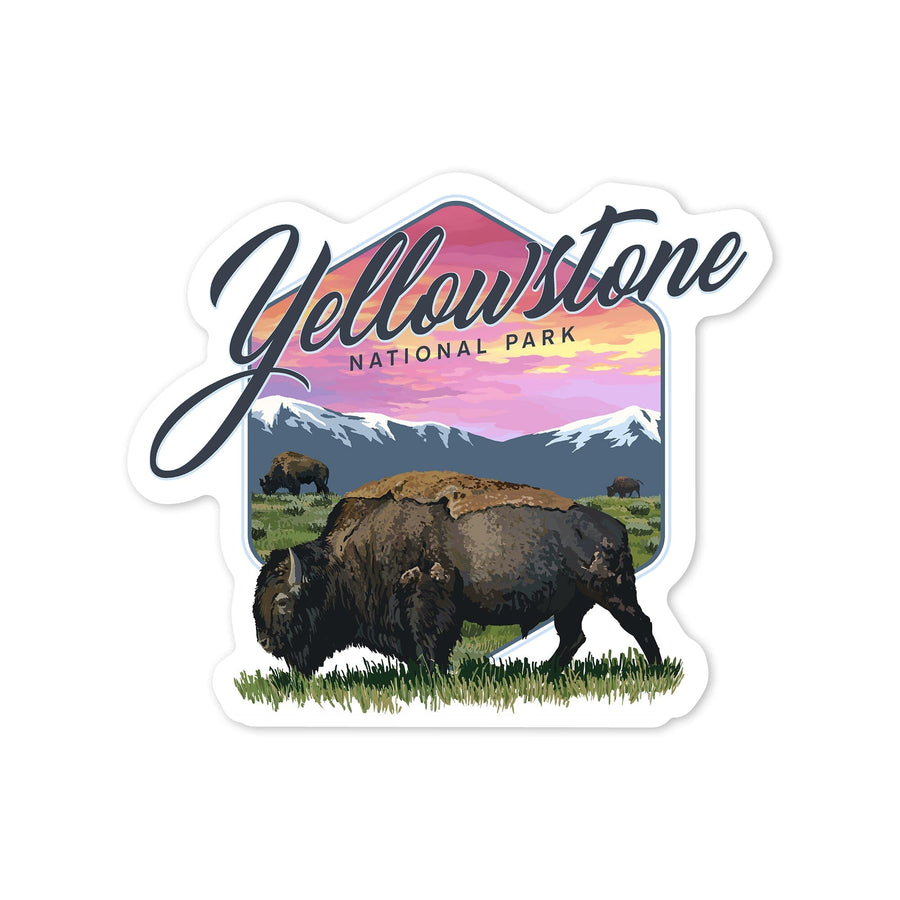 Yellowstone National Park, Bison & Sunset, Contour, Lantern Press Artwork, Vinyl Sticker Sticker Lantern Press
