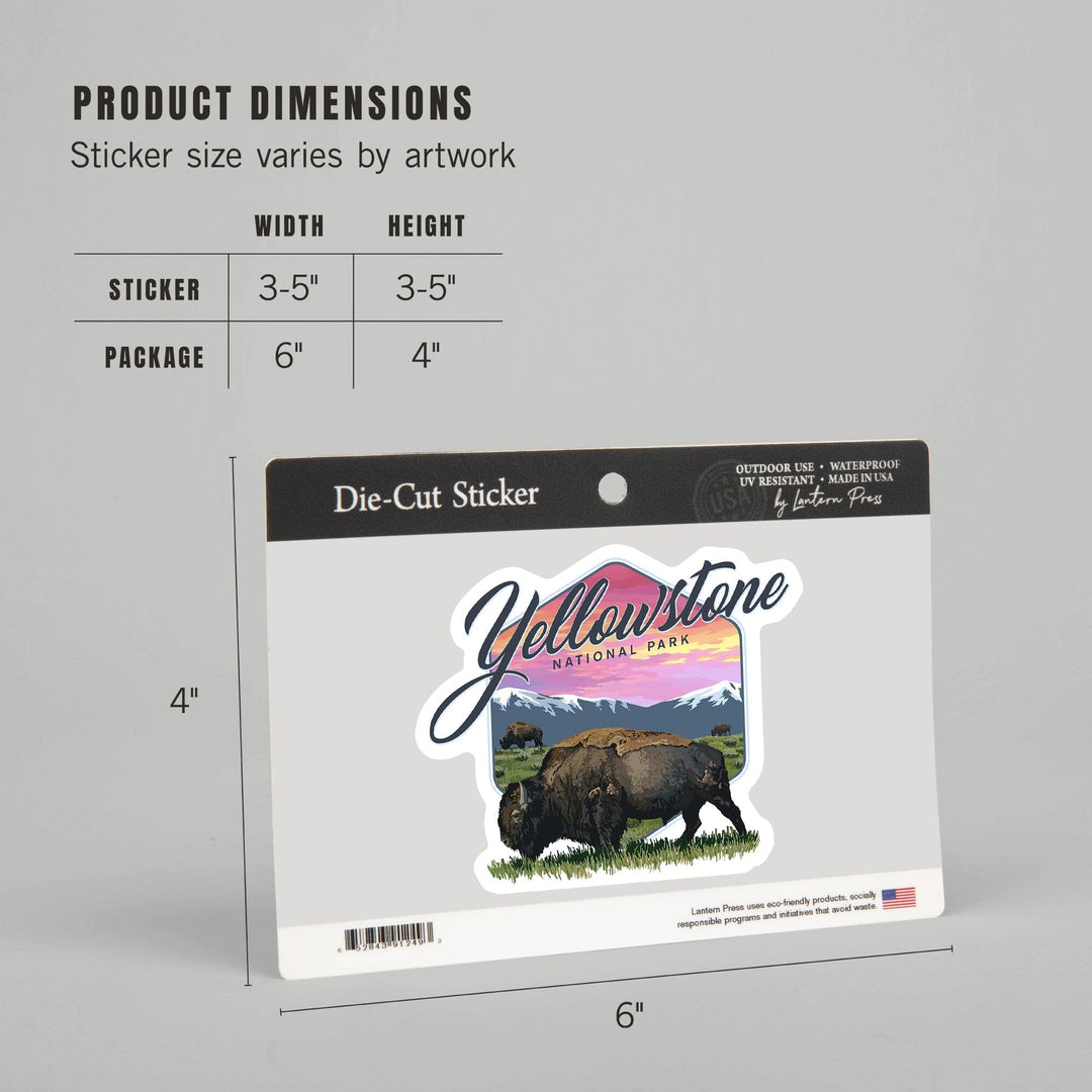 Yellowstone National Park, Bison & Sunset, Contour, Lantern Press Artwork, Vinyl Sticker Sticker Lantern Press