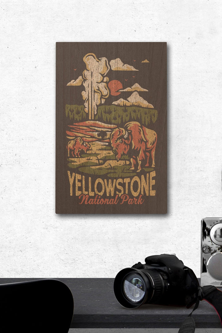 Yellowstone National Park, Distressed Vector, Old Faithful, Lantern Press Artwork, Wood Signs and Postcards Wood Lantern Press 12 x 18 Wood Gallery Print