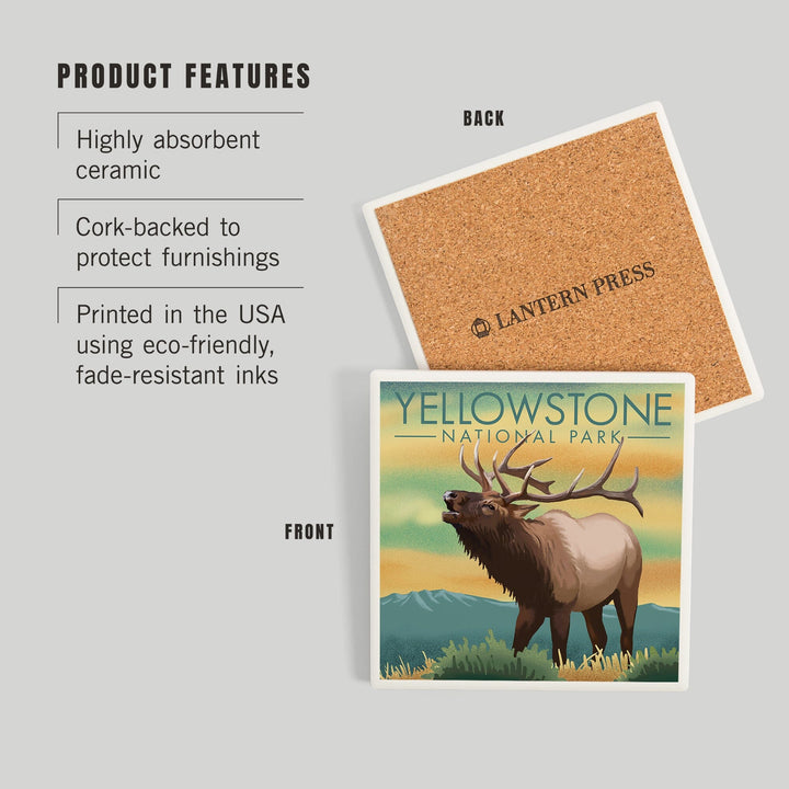 Yellowstone National Park, Elk, Lithograph, Coasters Coasters Lantern Press