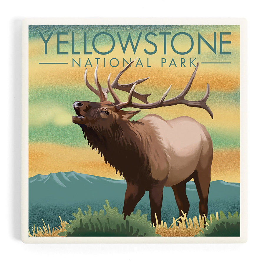 Yellowstone National Park, Elk, Lithograph, Coasters Coasters Lantern Press