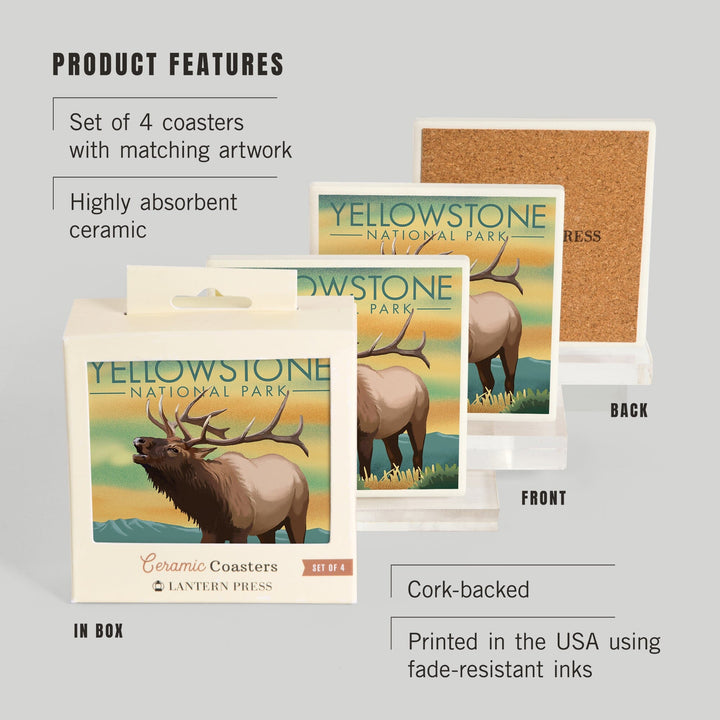 Yellowstone National Park, Elk, Lithograph, Coasters Coasters Lantern Press