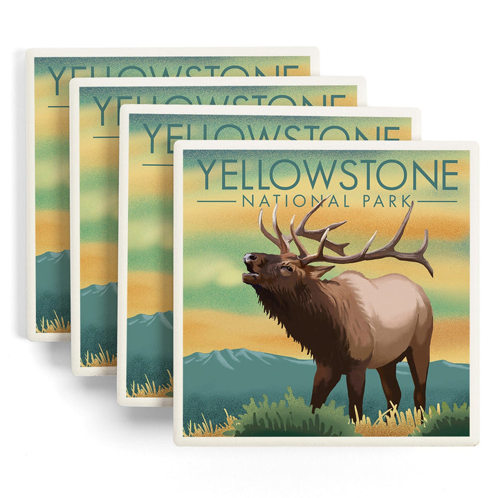 Yellowstone National Park, Elk, Lithograph, Coasters Coasters Lantern Press