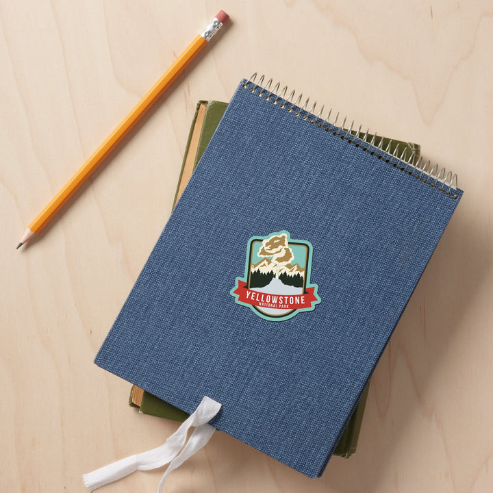 Yellowstone National Park, Geyser & Mountains, Contour, Lantern Press Artwork, Vinyl Sticker Sticker Lantern Press