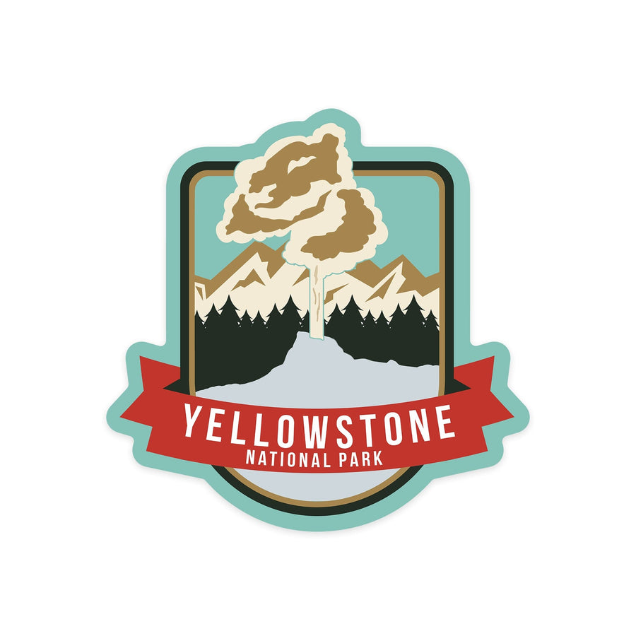 Yellowstone National Park, Geyser & Mountains, Contour, Lantern Press Artwork, Vinyl Sticker Sticker Lantern Press