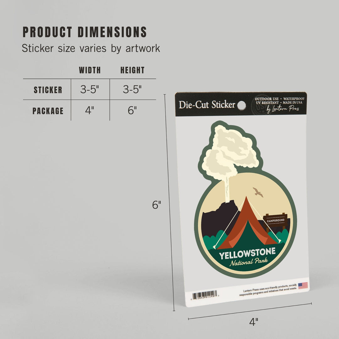 Yellowstone National Park, Geyser & Tent, Contour, Lantern Press Artwork, Vinyl Sticker Sticker Lantern Press