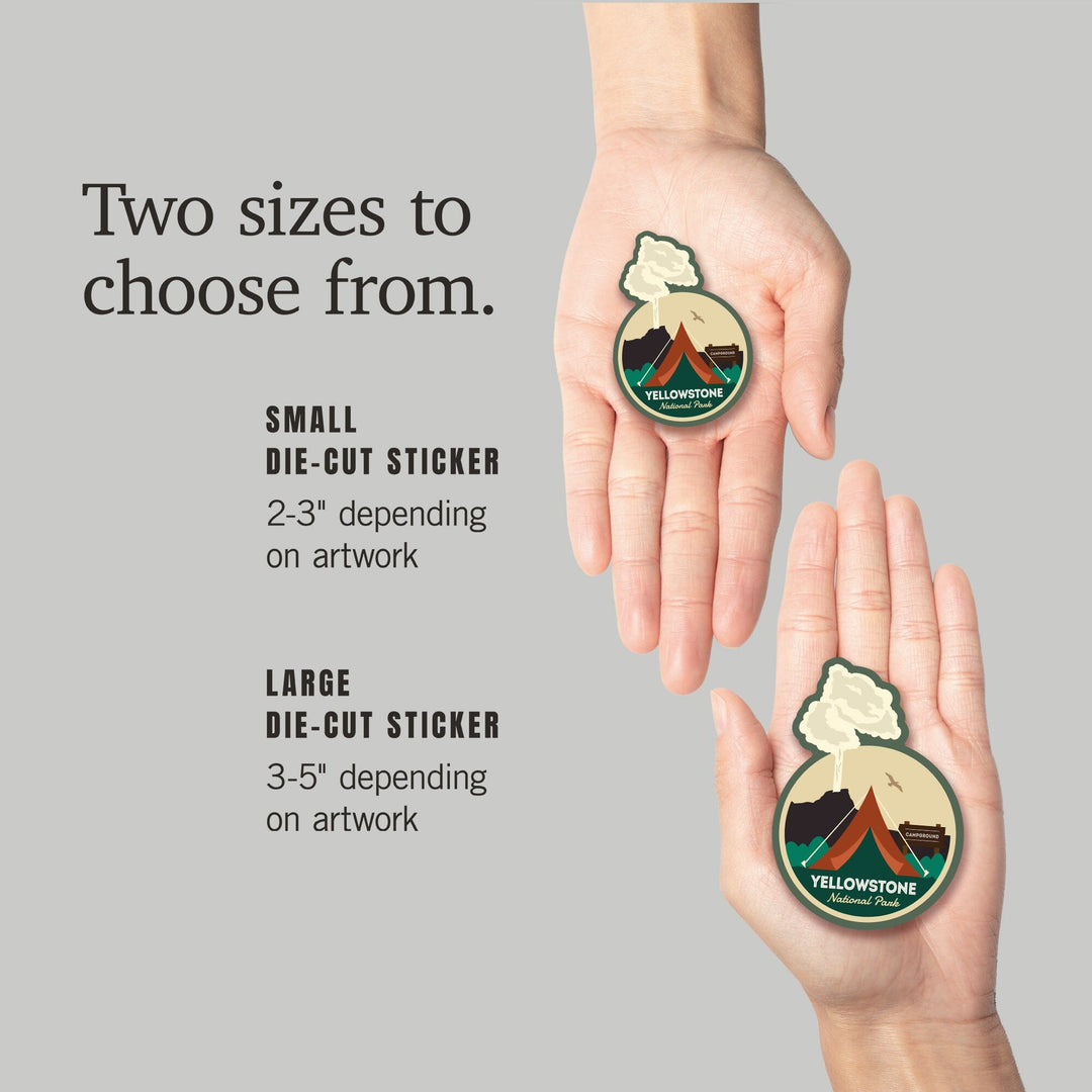 Yellowstone National Park, Geyser & Tent, Contour, Lantern Press Artwork, Vinyl Sticker Sticker Lantern Press