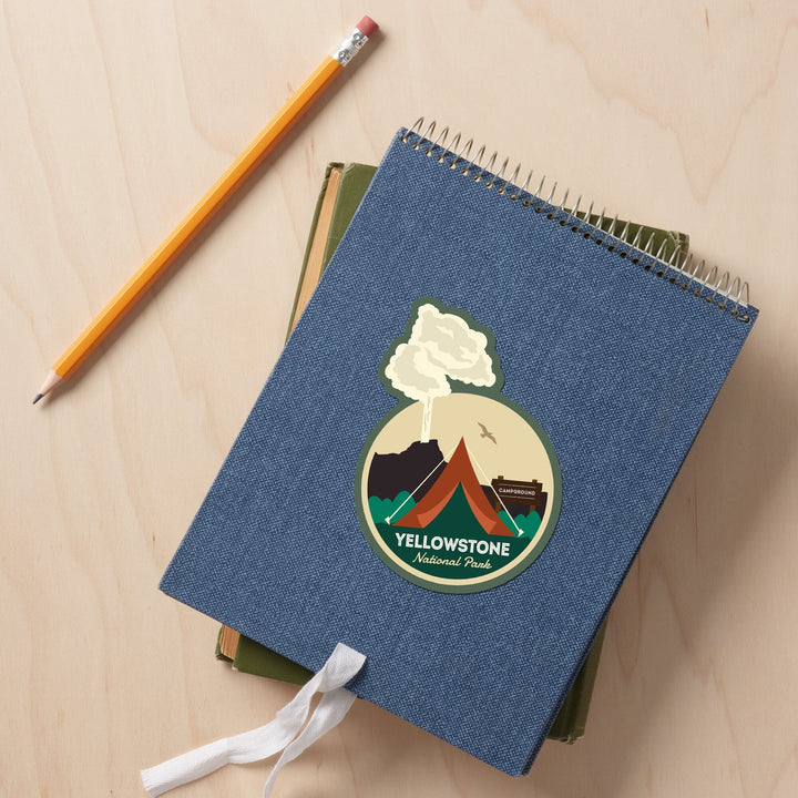 Yellowstone National Park, Geyser & Tent, Contour, Lantern Press Artwork, Vinyl Sticker Sticker Lantern Press