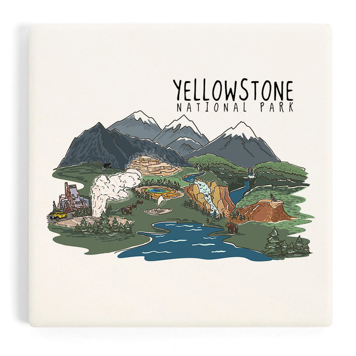Yellowstone National Park, Line Drawing, Coasters Coasters Lantern Press