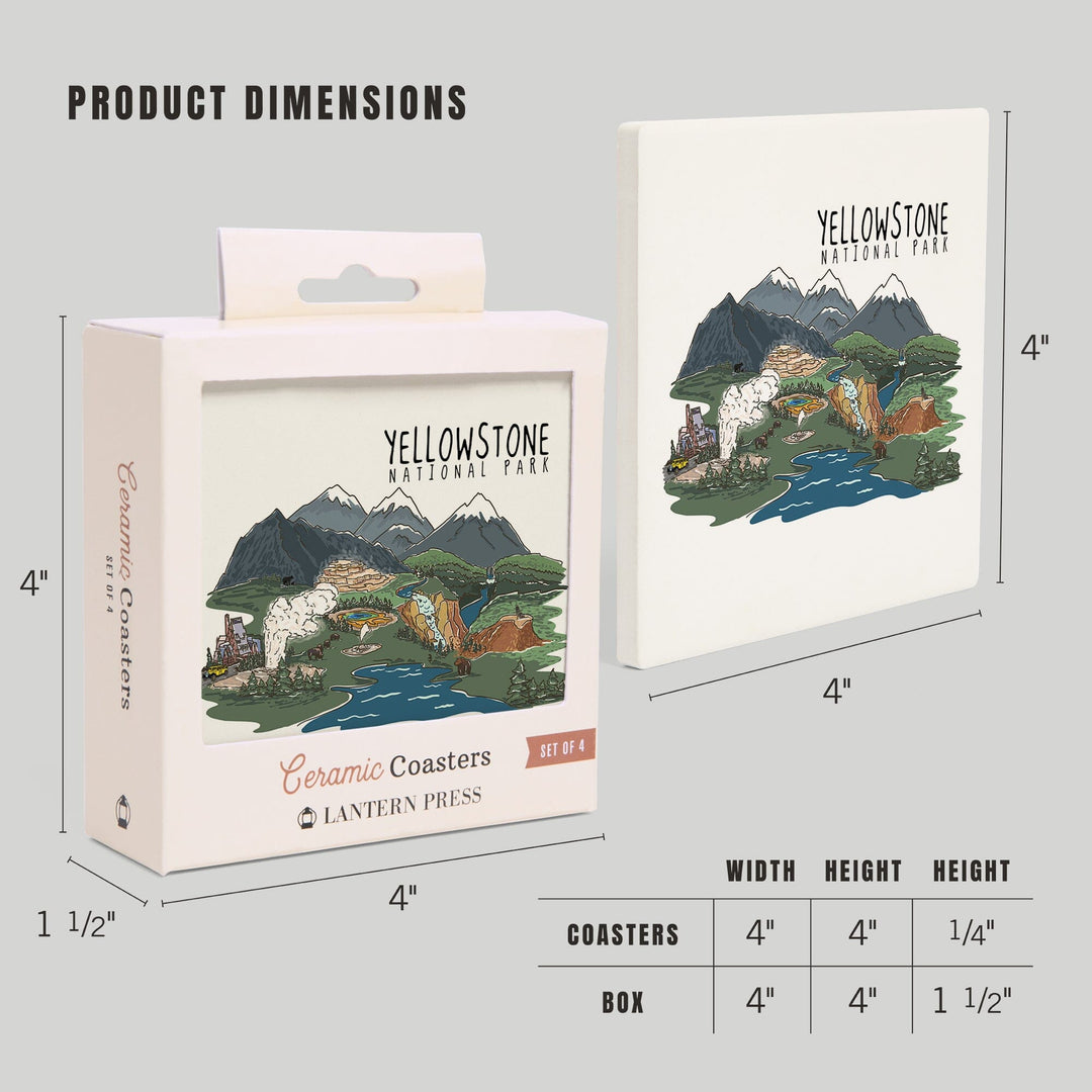Yellowstone National Park, Line Drawing, Coasters Coasters Lantern Press