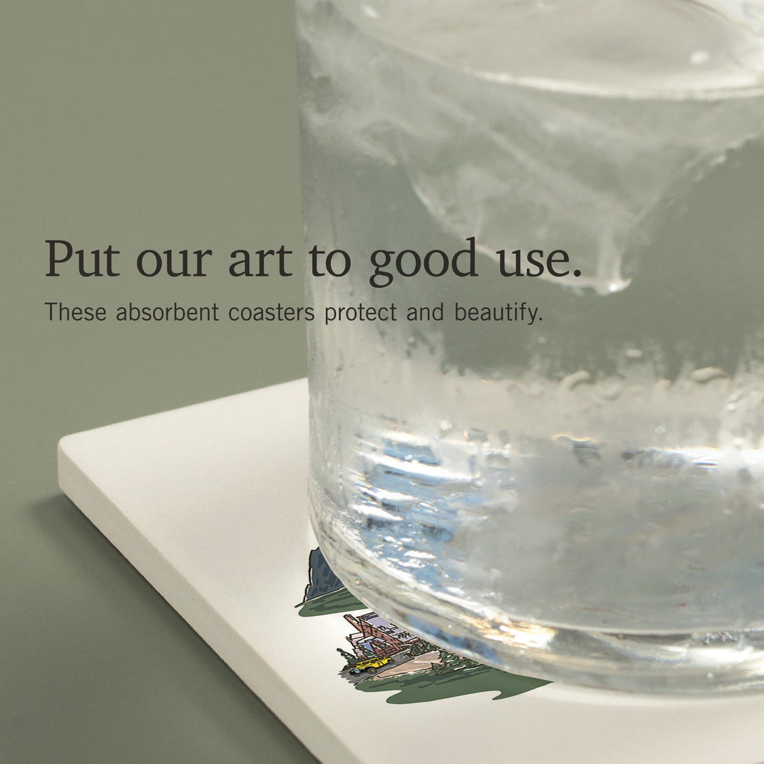 Yellowstone National Park, Line Drawing, Coasters Coasters Lantern Press