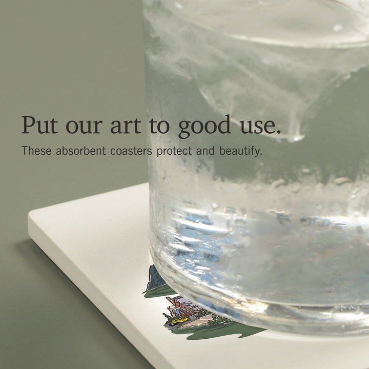 Yellowstone National Park, Line Drawing, Coasters Coasters Lantern Press