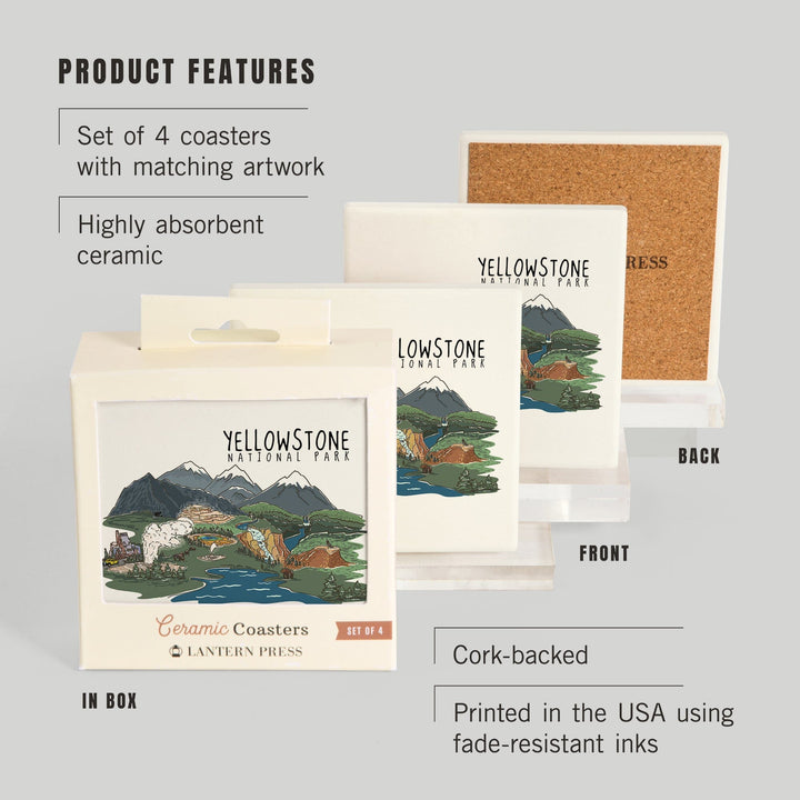 Yellowstone National Park, Line Drawing, Coasters Coasters Lantern Press