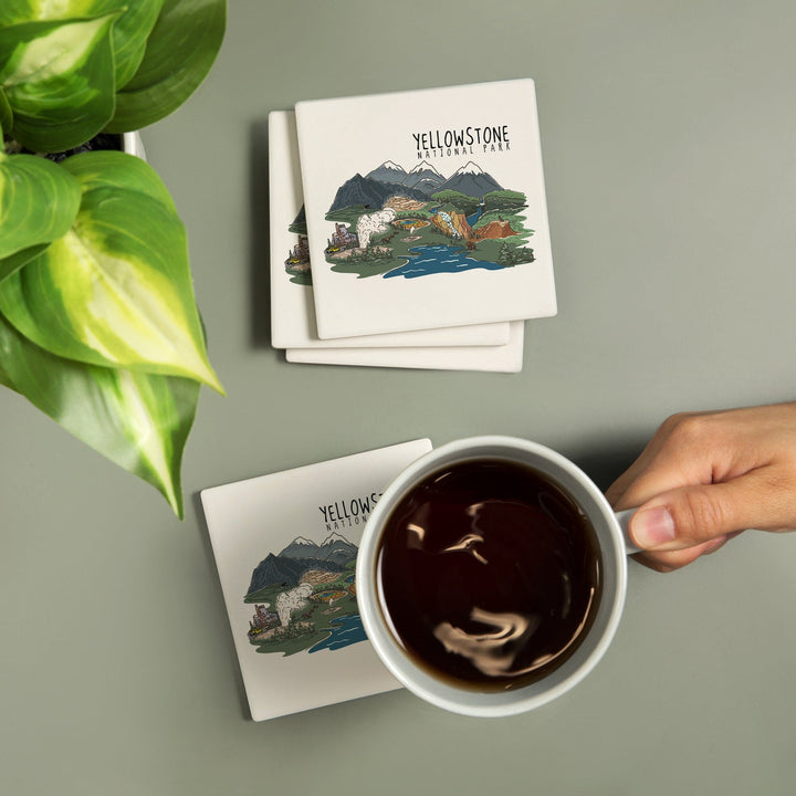 Yellowstone National Park, Line Drawing, Coasters Coasters Lantern Press