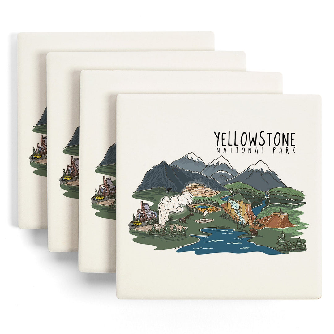Yellowstone National Park, Line Drawing, Coasters Coasters Lantern Press