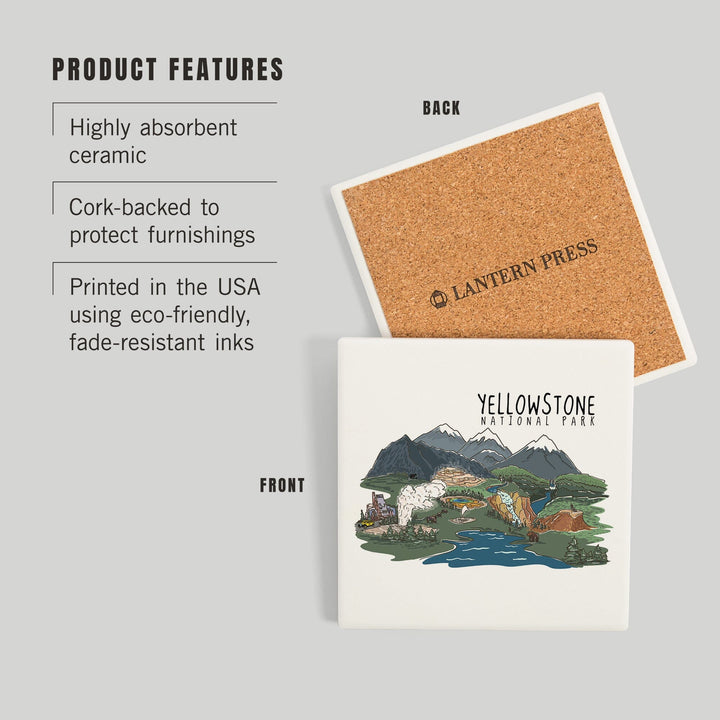 Yellowstone National Park, Line Drawing, Coasters Coasters Lantern Press