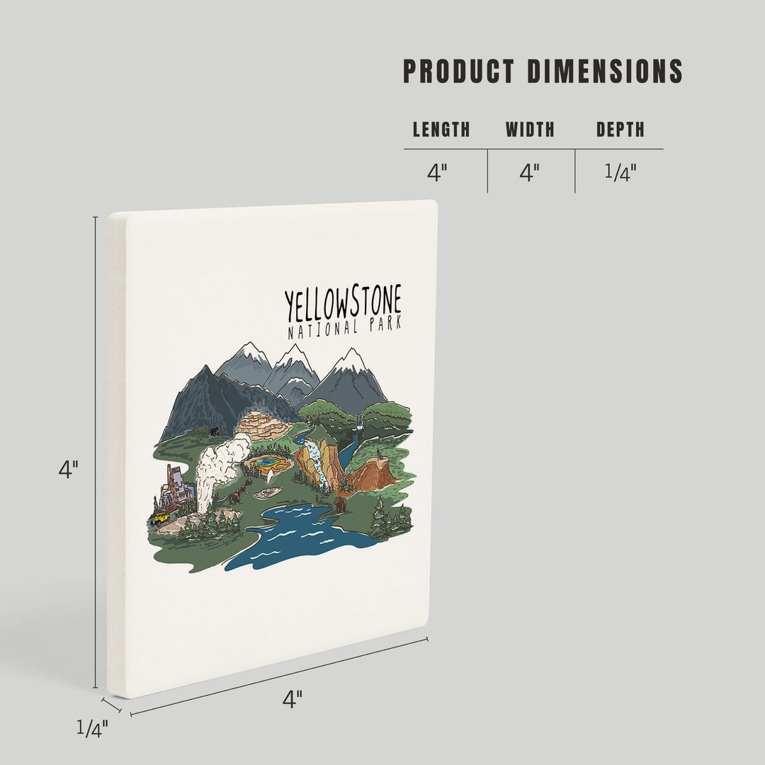 Yellowstone National Park, Line Drawing, Coasters Coasters Lantern Press