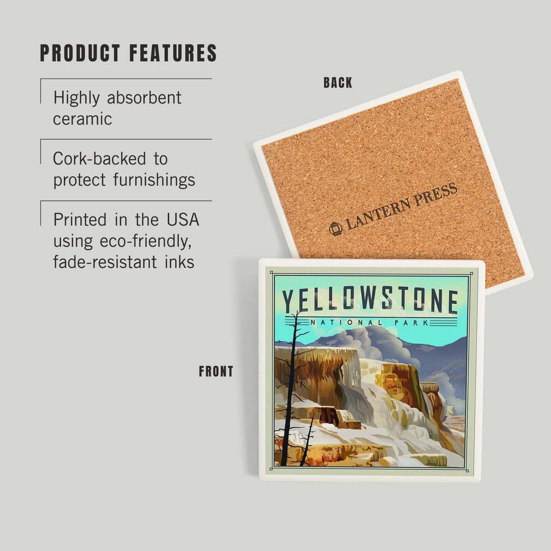 Yellowstone National Park, Mammoth Hot Springs, Lithograph National Park Series, Coasters Coasters Lantern Press
