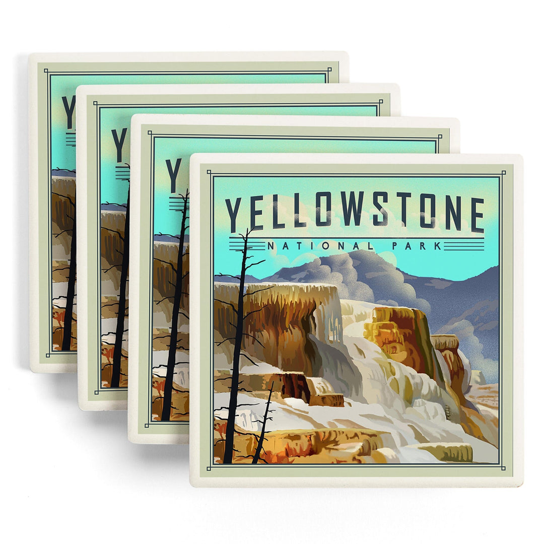 Yellowstone National Park, Mammoth Hot Springs, Lithograph National Park Series, Coasters Coasters Lantern Press