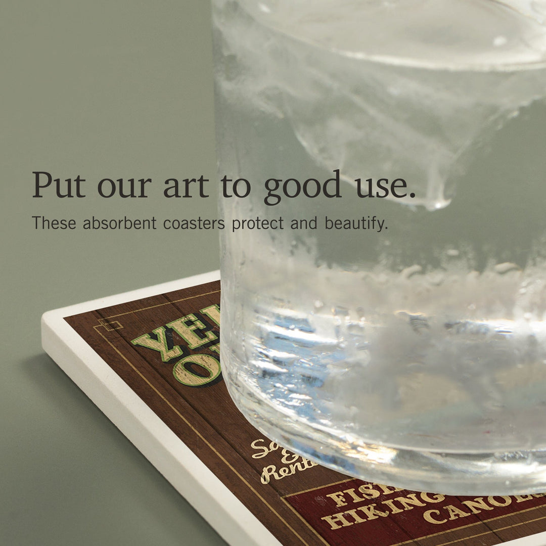 Yellowstone National Park, Montana, Moose Outfitters Vintage Sign, Coasters Coasters Lantern Press