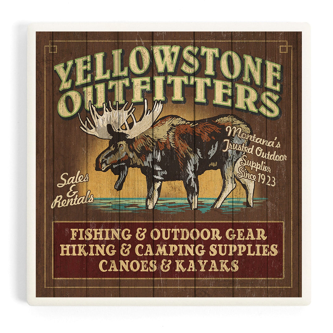 Yellowstone National Park, Montana, Moose Outfitters Vintage Sign, Coasters Coasters Lantern Press Coaster