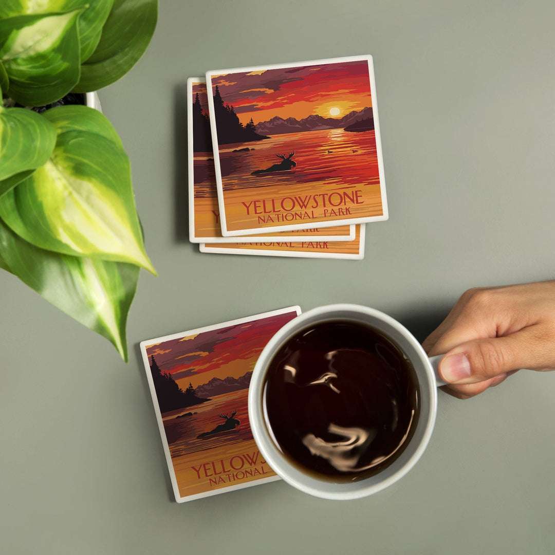 Yellowstone National Park, Montana, Painterly, Moose at Sunset, Coasters Coasters Lantern Press