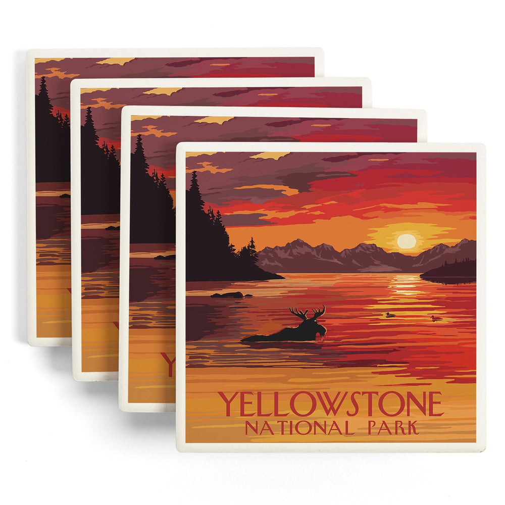 Yellowstone National Park, Montana, Painterly, Moose at Sunset, Coasters Coasters Lantern Press