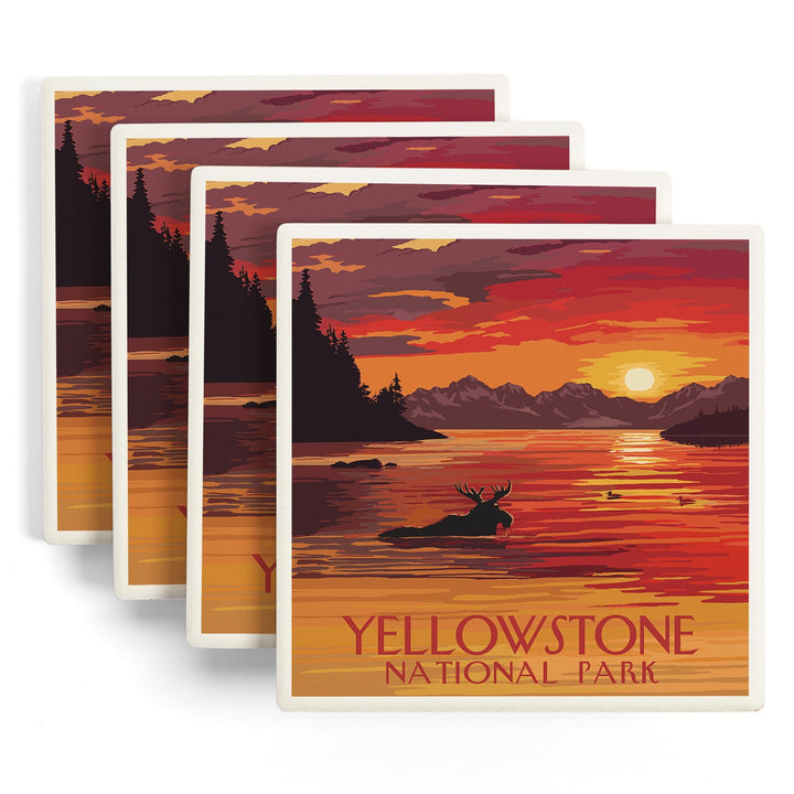 Yellowstone National Park, Montana, Painterly, Moose at Sunset, Coasters Coasters Lantern Press