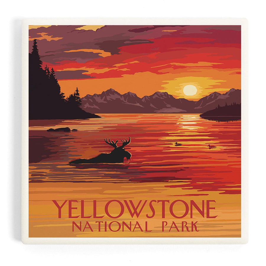 Yellowstone National Park, Montana, Painterly, Moose at Sunset, Coasters Coasters Lantern Press