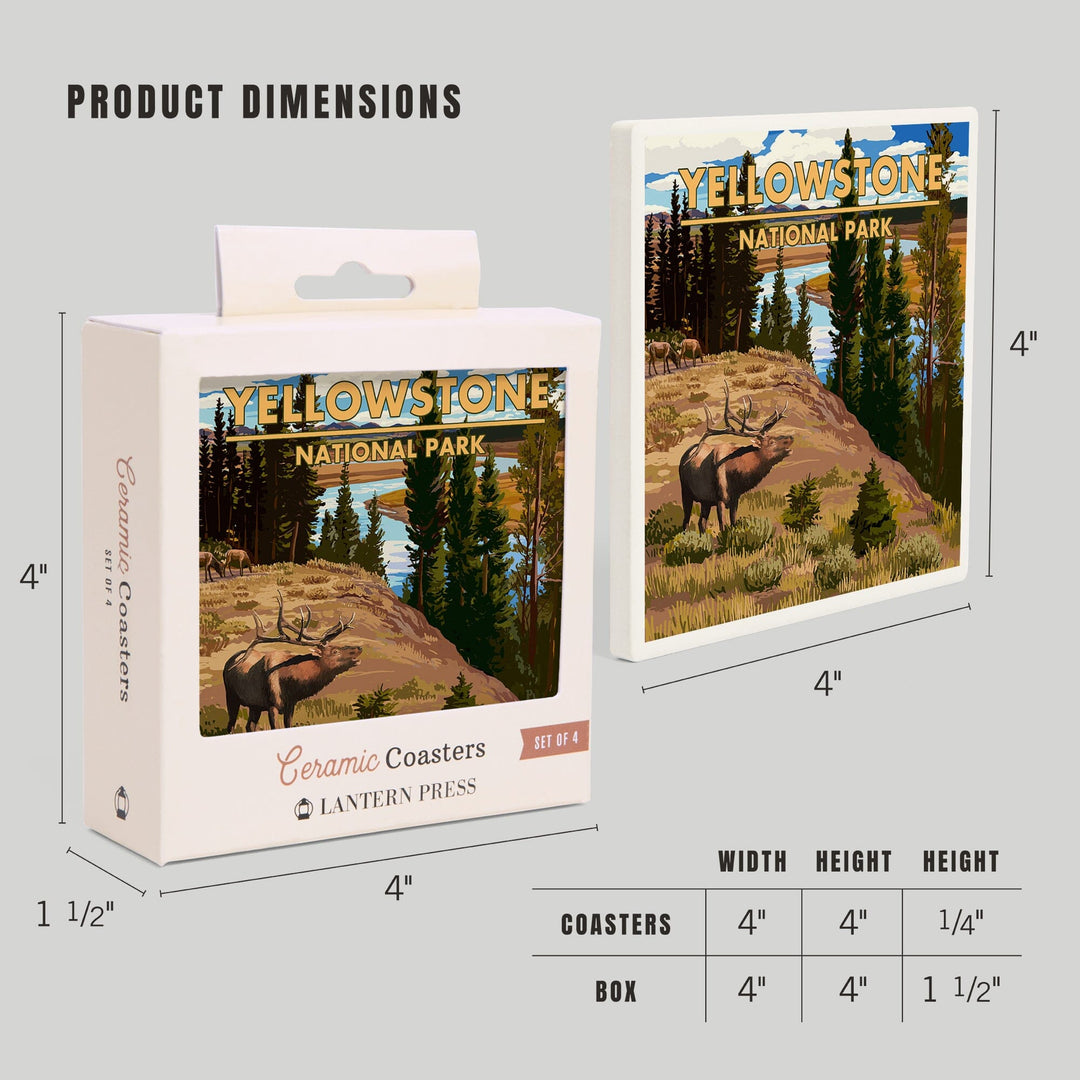 Yellowstone National Park, Montana, Yellowstone River and Elk, Coasters Coasters Lantern Press