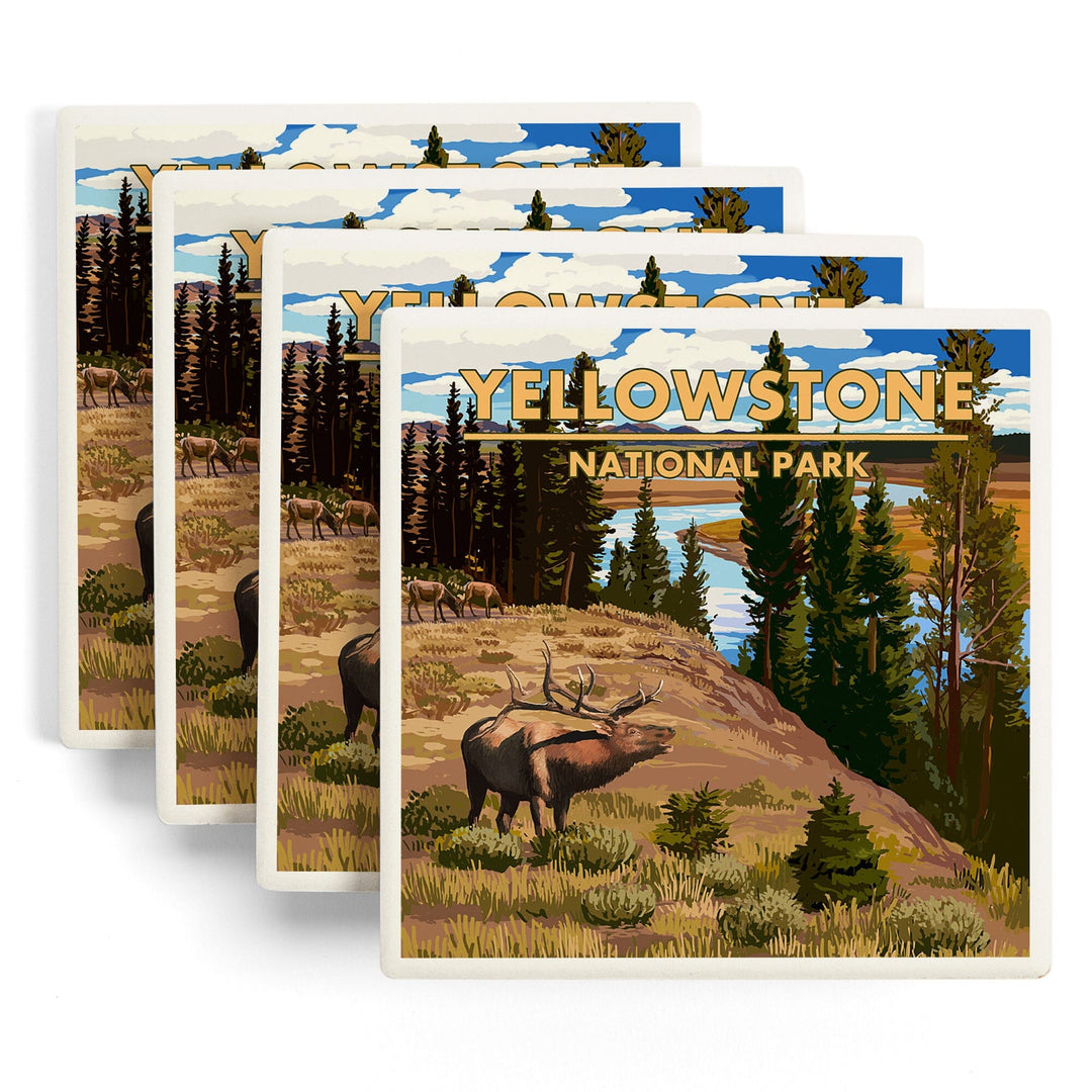 Yellowstone National Park, Montana, Yellowstone River and Elk, Coasters Coasters Lantern Press