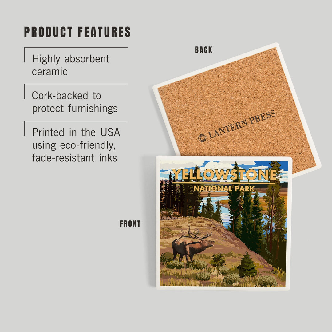 Yellowstone National Park, Montana, Yellowstone River and Elk, Coasters Coasters Lantern Press