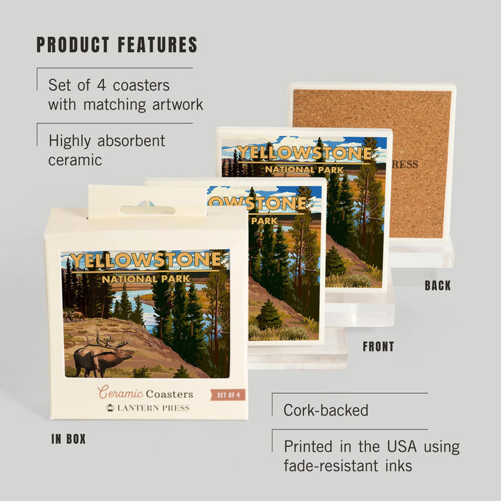 Yellowstone National Park, Montana, Yellowstone River and Elk, Coasters Coasters Lantern Press