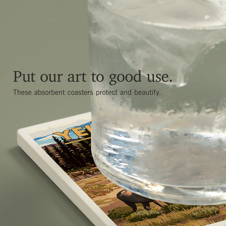 Yellowstone National Park, Montana, Yellowstone River and Elk, Coasters Coasters Lantern Press