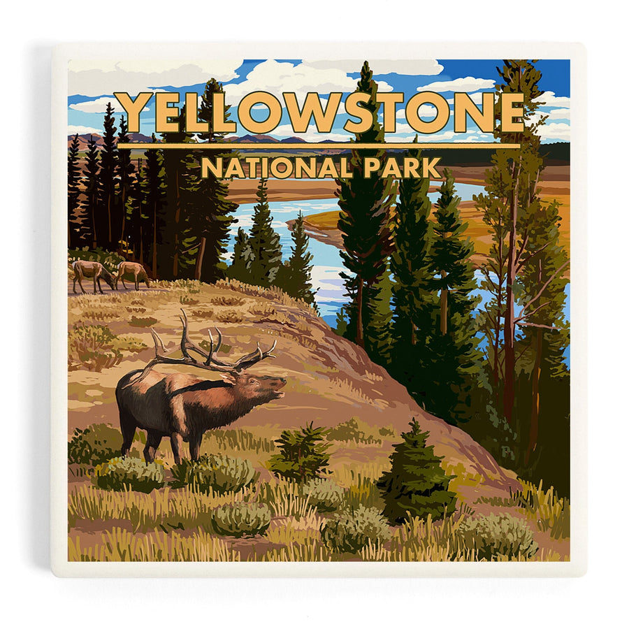 Yellowstone National Park, Montana, Yellowstone River and Elk, Coasters Coasters Lantern Press