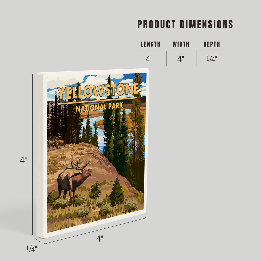 Yellowstone National Park, Montana, Yellowstone River and Elk, Coasters Coasters Lantern Press