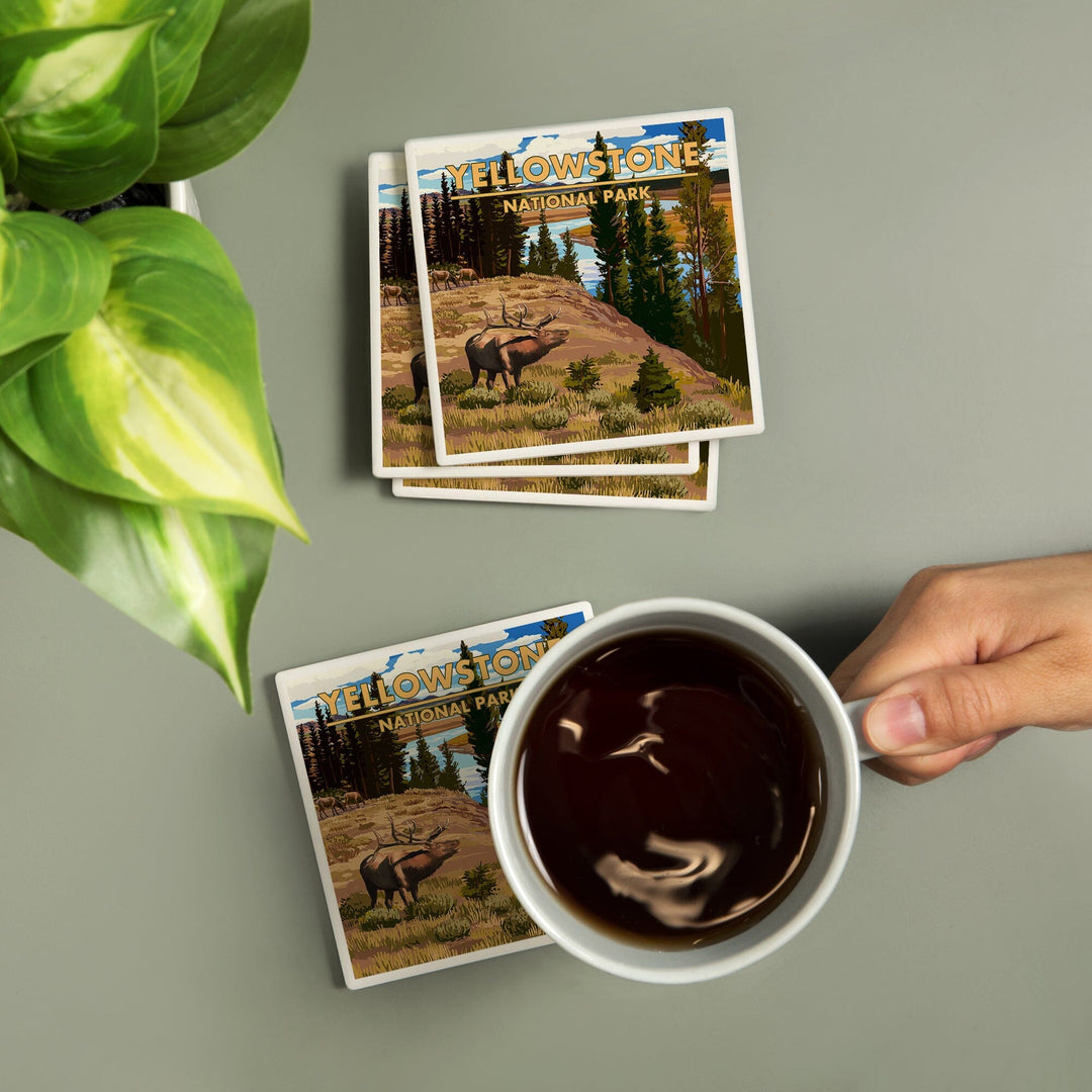 Yellowstone National Park, Montana, Yellowstone River and Elk, Coasters Coasters Lantern Press