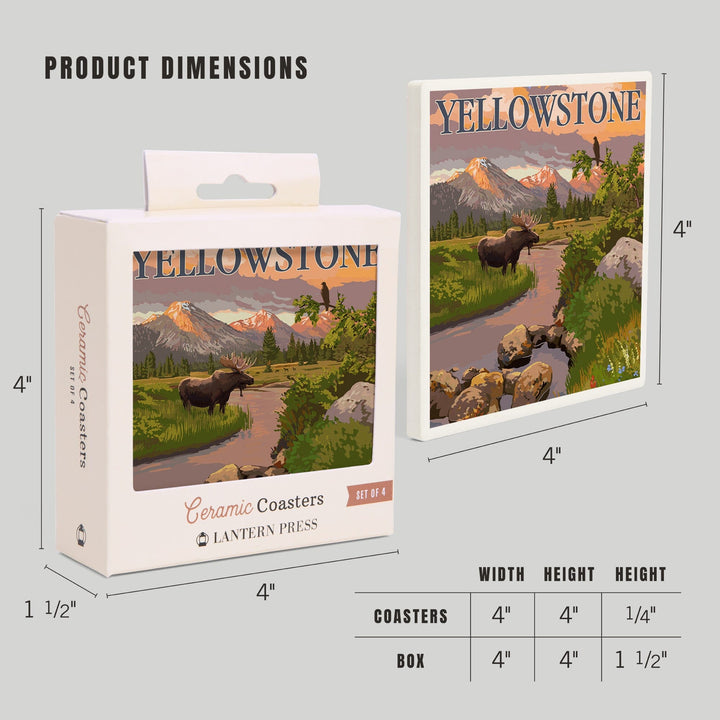 Yellowstone National Park, Moose and Mountain Stream at Sunset, Coasters Coasters Lantern Press
