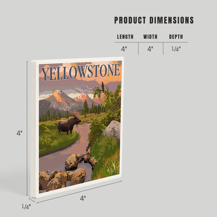 Yellowstone National Park, Moose and Mountain Stream at Sunset, Coasters Coasters Lantern Press
