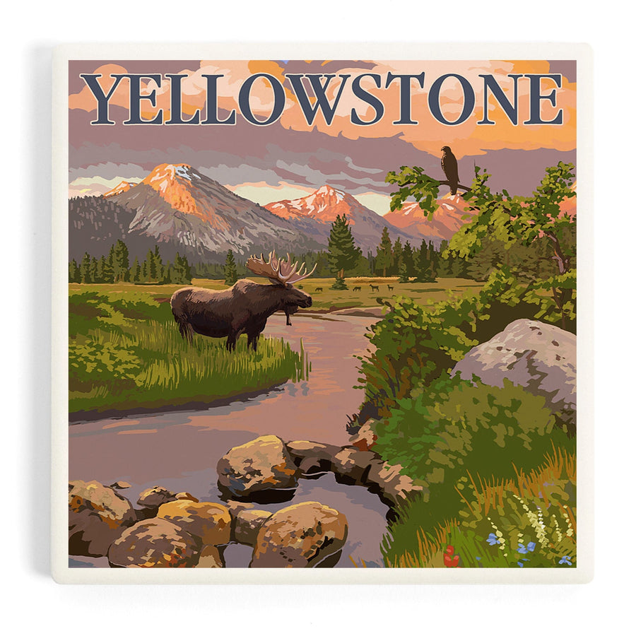 Yellowstone National Park, Moose and Mountain Stream at Sunset, Coasters Coasters Lantern Press